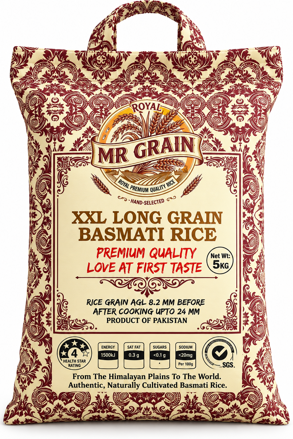 MR GRAIN XXL Long Grain Basmati Rice 5 kg burgundy and cream bag