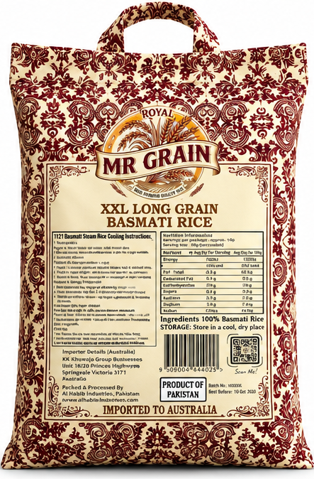 Back of MR GRAIN XXL Long Grain Basmati Rice bag showing cooking instructions and nutrition information