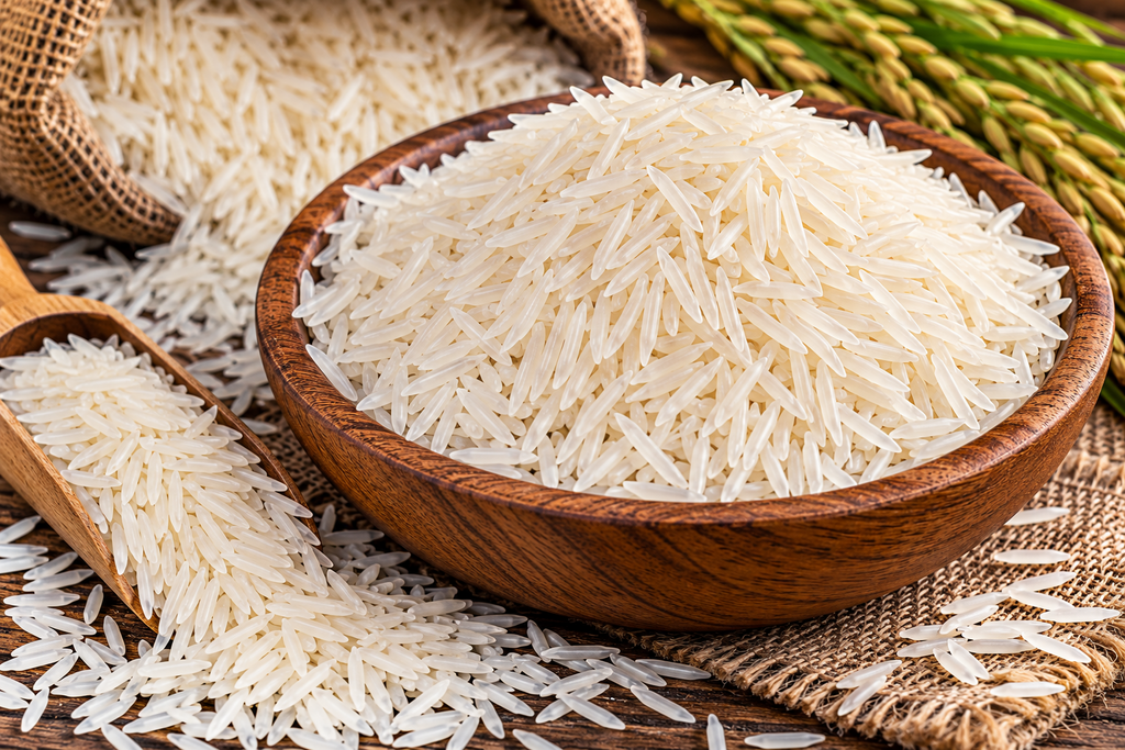 Long grain basmati rice in a wooden bowl with loose grains and a wooden scoop