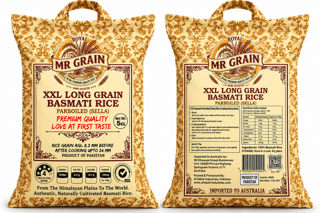MR GRAIN Parboiled Sella Basmati Rice 5 kg gold bag front and back, showing cooking instructions and nutrition information