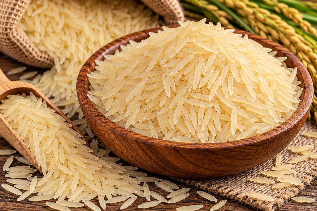 Golden long grain parboiled sella rice in a wooden bowl with loose grains and a wooden scoop