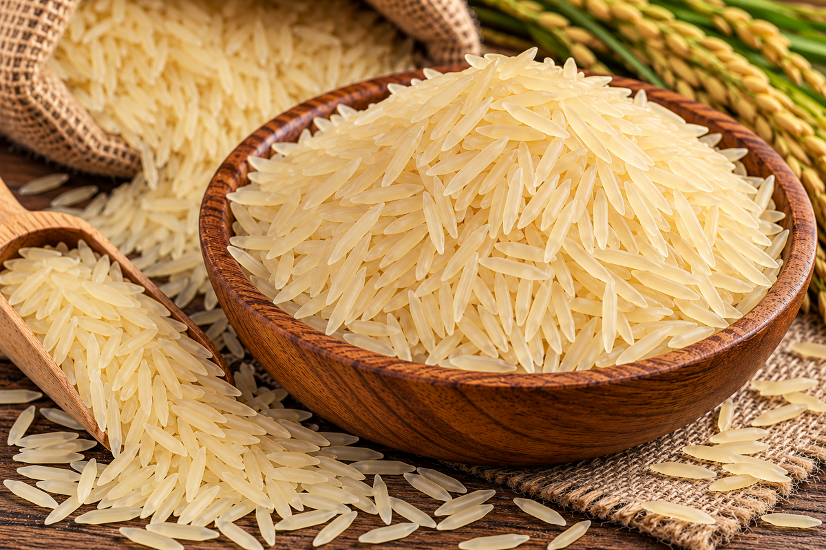 Golden long grain parboiled sella rice in a wooden bowl with loose grains and a wooden scoop