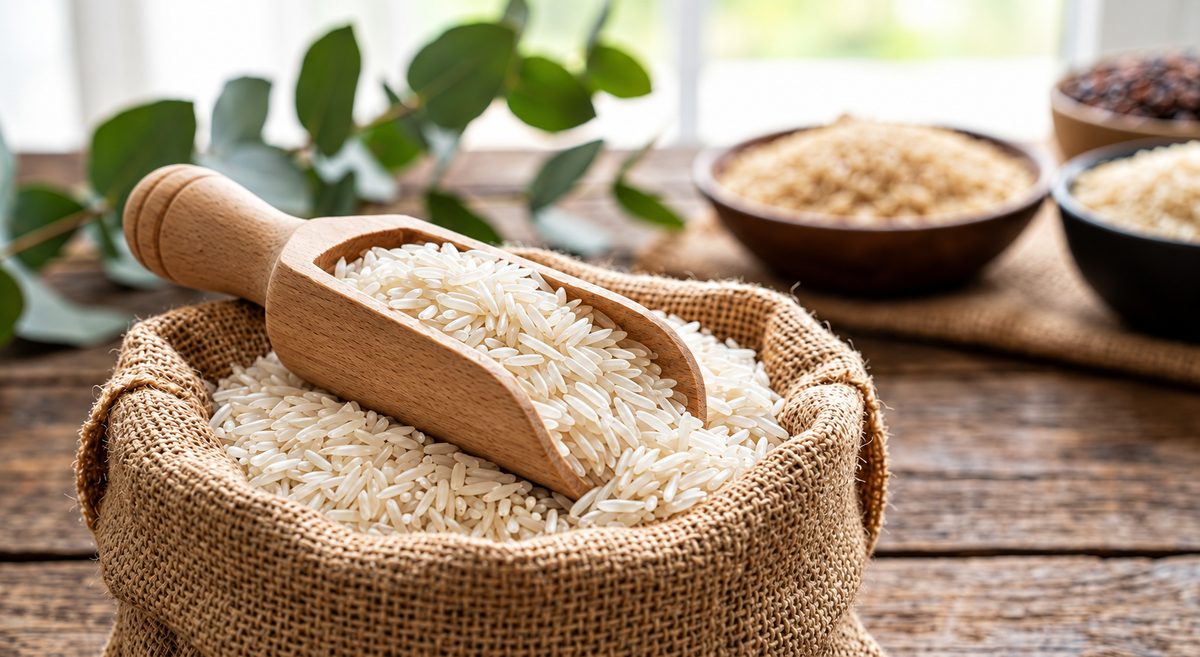 Wooden scoop of long grain rice on a burlap sack beside rice bowls