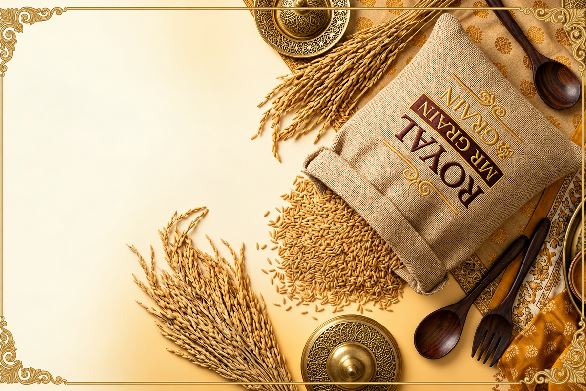 MR GRAIN royal gold and cream rice banner with a cloth rice bag and gold border
